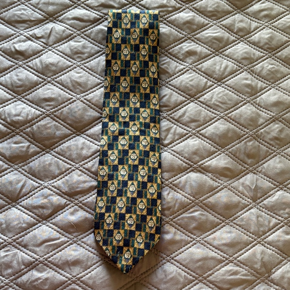 VTG Ermenegildo Zegna Navy Gold Green Geometric Men's Silk Tie Made in Italy